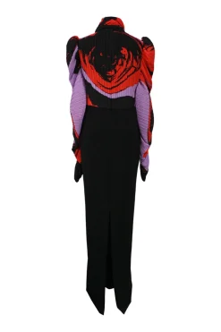 Multi-colour polyester pussy-bow plissé gown featuring abstract graphic motif and draped leg of mutton sleeves