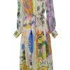 Multi-colour ramie abstract print point collar button-front tie-waist shirt dress with bishop sleeves