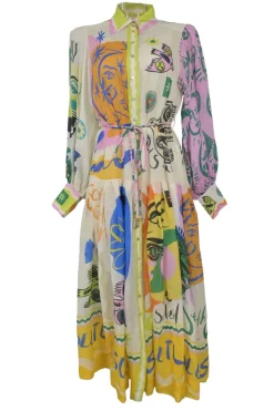 Multi-colour ramie abstract print point collar button-front tie-waist shirt dress with bishop sleeves