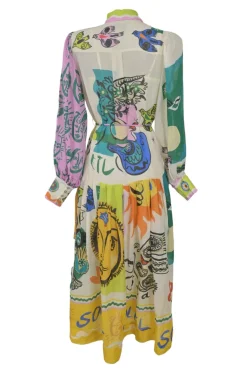 Multi-colour ramie abstract print point collar button-front tie-waist shirt dress with bishop sleeves
