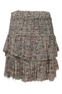 Multi-colour raw-edge chintz floral print pull-on tiered dropwaist mini skirt with shirred waistband
