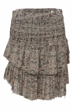 Multi-colour raw-edge chintz floral print pull-on tiered dropwaist mini skirt with shirred waistband