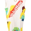 Multi-colour screen-printed cotton jersey knit sleeveless tank shift dress featuring abstract logo motif