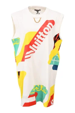 Multi-colour screen-printed cotton jersey knit sleeveless tank shift dress featuring abstract logo motif