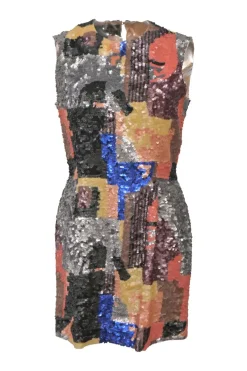 Multi-colour sequin-embellished sleeveless sheath dress featuring abstract motif