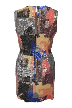 Multi-colour sequin-embellished sleeveless sheath dress featuring abstract motif