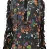 Multi-colour silk abstract print half-button pullover ruffle blouse