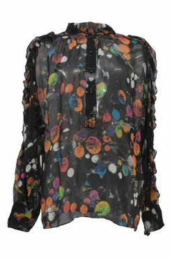 Multi-colour silk abstract print half-button pullover ruffle blouse