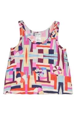 Multi-colour silk abstract print sleeveless swing top