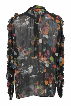 Multi-colour silk abstract print half-button pullover ruffle blouse