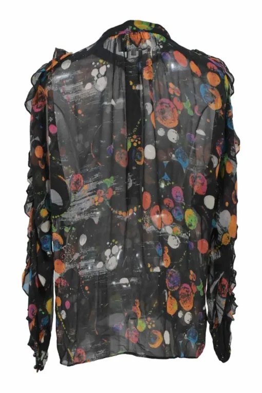 Multi-colour silk abstract print half-button pullover ruffle blouse