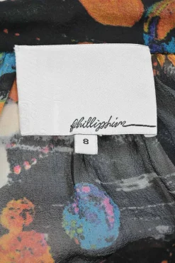 Multi-colour silk abstract print half-button pullover ruffle blouse