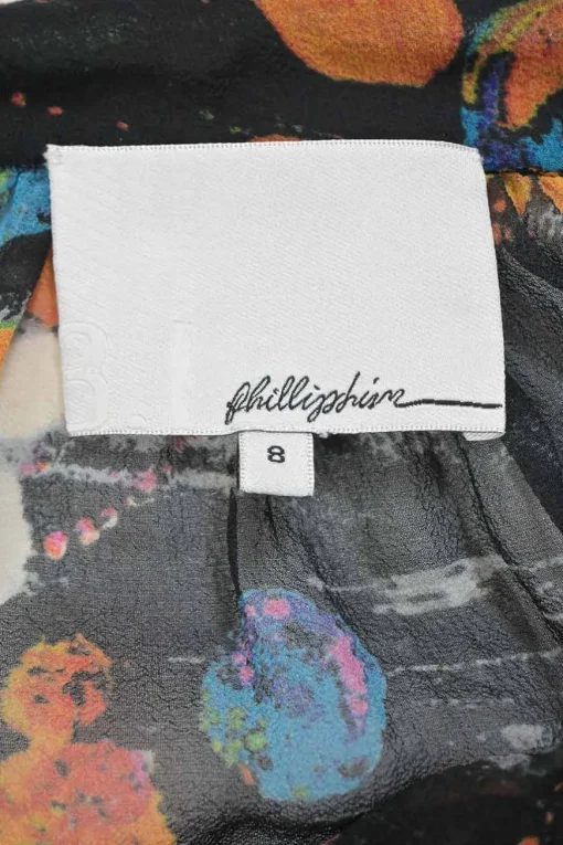 Multi-colour silk abstract print half-button pullover ruffle blouse