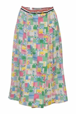 Multi-colour silk fun mix madras wrap-front midi A-line skirt with grosgrain waistband