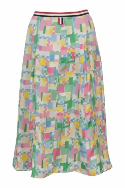 Multi-colour silk fun mix madras wrap-front midi A-line skirt with grosgrain waistband