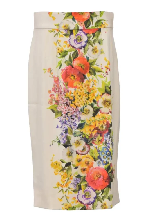 Multi-colour silk-blend floral print midi pencil skirt
