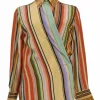 Multi-colour stripe silk wrap-effect spread collar cowl shirt