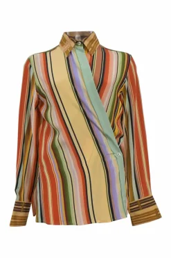 Multi-colour stripe silk wrap-effect spread collar cowl shirt