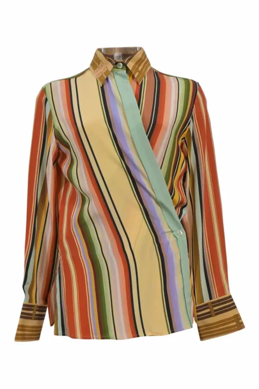 Multi-colour stripe silk wrap-effect spread collar cowl shirt