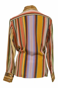 Multi-colour stripe silk wrap-effect spread collar cowl shirt