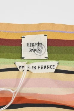 Multi-colour stripe silk wrap-effect spread collar cowl shirt
