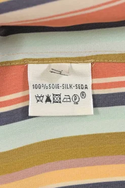 Multi-colour stripe silk wrap-effect spread collar cowl shirt
