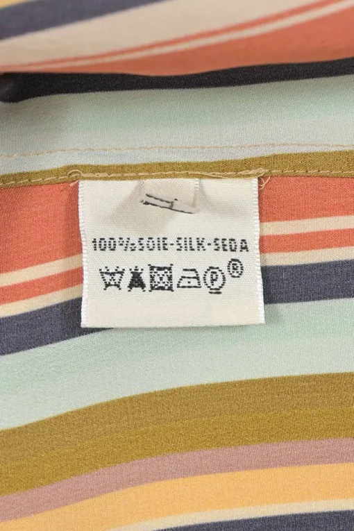 Multi-colour stripe silk wrap-effect spread collar cowl shirt