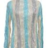 Multi-colour striped crinkled plissé polyester pullover long-sleeve top
