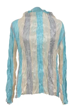 Multi-colour striped crinkled plissé polyester pullover long-sleeve top