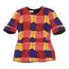 Multi-colour textured wool-blend short sleeve peplum top featuring abstract check motif