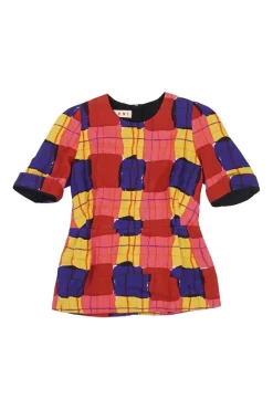 Multi-colour textured wool-blend short sleeve peplum top featuring abstract check motif