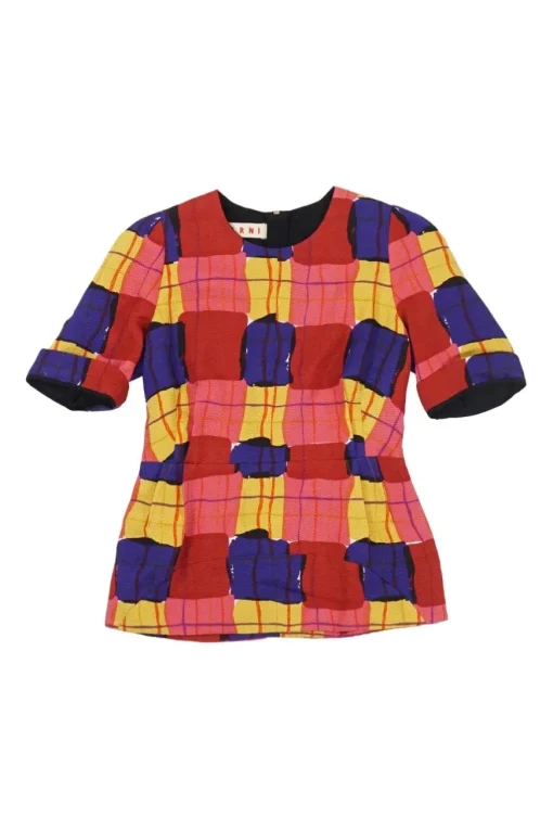 Multi-colour textured wool-blend short sleeve peplum top featuring abstract check motif