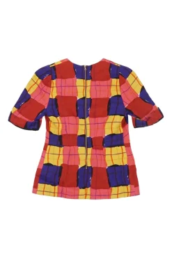 Multi-colour textured wool-blend short sleeve peplum top featuring abstract check motif