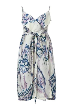 Multi-colour tie dye silk wrap-front belted knee-length dress