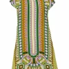 Multi-colour viscose abstract foulard print cap sleeve A-line kaftan dress