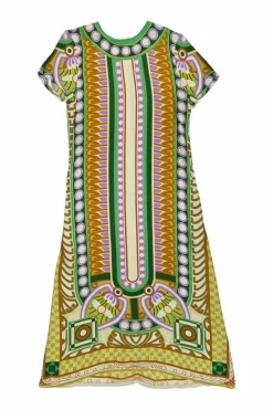 Multi-colour viscose abstract foulard print cap sleeve A-line kaftan dress
