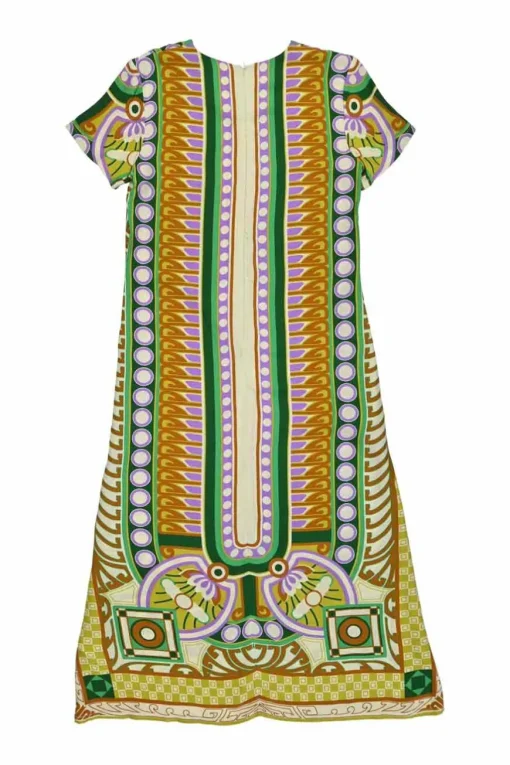 Multi-colour viscose abstract foulard print cap sleeve A-line kaftan dress