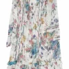 Multi-colour viscose floral print semi-sheer cotton voile pintuck ruffle shift dress with cutout edge trim inserts