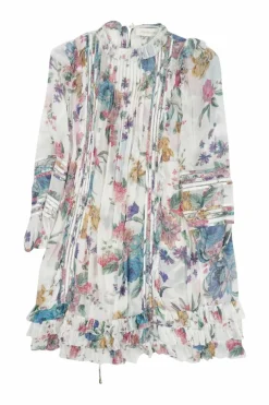 Multi-colour viscose floral print semi-sheer cotton voile pintuck ruffle shift dress with cutout edge trim inserts