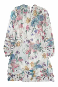 Multi-colour viscose floral print semi-sheer cotton voile pintuck ruffle shift dress with cutout edge trim inserts