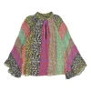 Multi-colour viscose patchwork floral keyhole raglan bell sleeve blouse