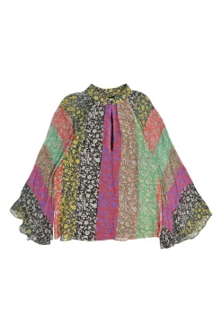 Multi-colour viscose patchwork floral keyhole raglan bell sleeve blouse