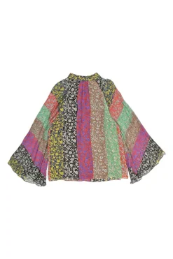 Multi-colour viscose patchwork floral keyhole raglan bell sleeve blouse