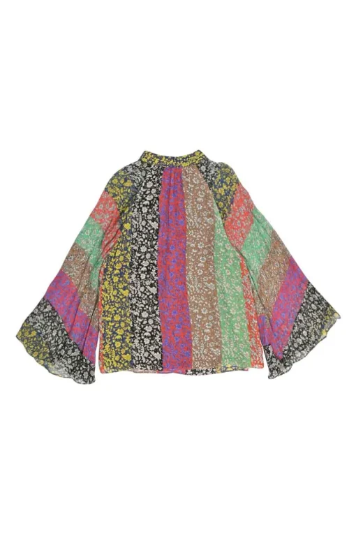 Multi-colour viscose patchwork floral keyhole raglan bell sleeve blouse