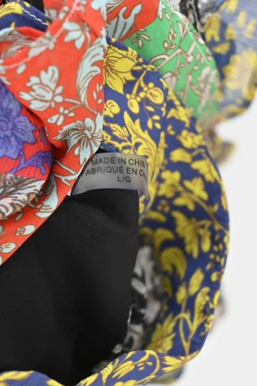 Multi-colour viscose patchwork floral keyhole raglan bell sleeve blouse
