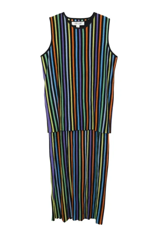 Multi-colour viscose-blend striped intarsia drop-waist cami and sun dress pullover interlock knit twin set