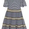 Multi-colour viscose-blend interlock knit off-shoulder flounce cuff and ribbon-tie back mini skater dress