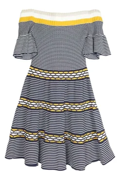 Multi-colour viscose-blend interlock knit off-shoulder flounce cuff and ribbon-tie back mini skater dress