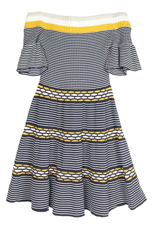 Multi-colour viscose-blend interlock knit off-shoulder flounce cuff and ribbon-tie back mini skater dress