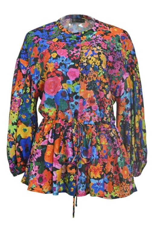 Multi-colour viscose-blend floral print Farrah dolman sleeve drawstring peplum blouse